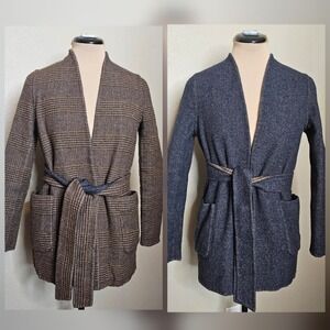 Maxmara Cashmere Wool Blend Reversible Cardigan Jacket Plaid Belted XS Brown